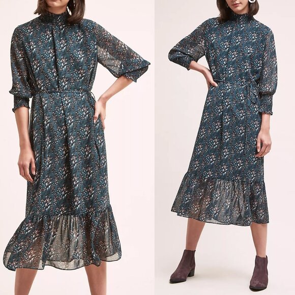 Anthropologie Seen Worn Kept Davina Leopard Belted Midi Dress Hunter Green US 8 - Picture 3 of 16